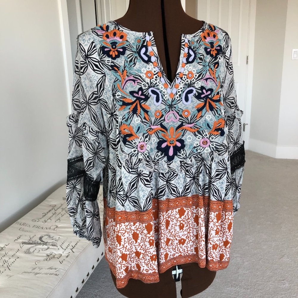 NWOT Floral Top with Ruffles and Lace Trim